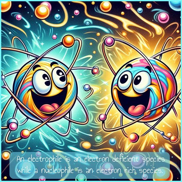 Cartoon image showing definitions for nucleophiles and electrophiles